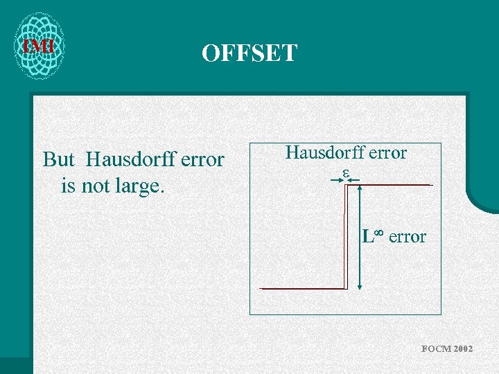 IMI OFFSET But Hausdorff error is not large. Hausdorff error L error FOCM 2002