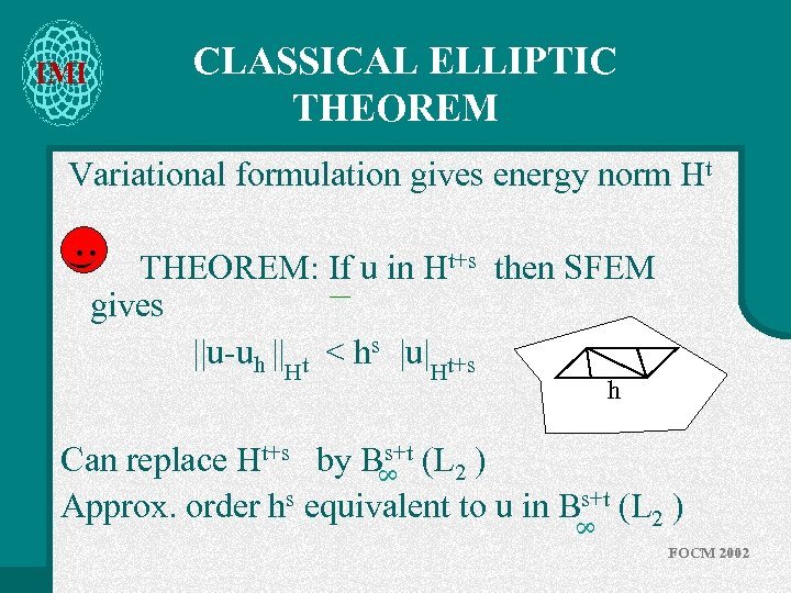 CLASSICAL ELLIPTIC THEOREM IMI Variational formulation gives energy norm Ht . . ) THEOREM: