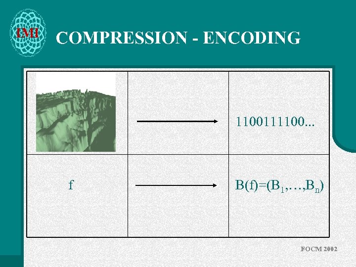 IMI COMPRESSION - ENCODING 1100111100. . . f B(f)=(B 1, …, Bn) FOCM 2002