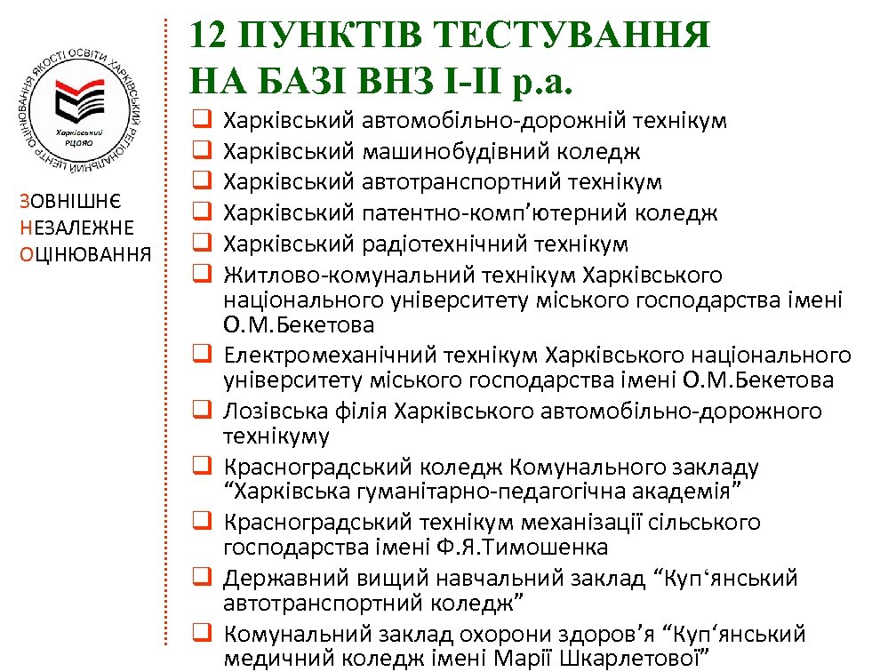 12 ПУНКТІВ ТЕСТУВАННЯ НА БАЗІ ВНЗ І-ІІ р. а. ЗОВНІШНЄ НЕЗАЛЕЖНЕ ОЦІНЮВАННЯ q q