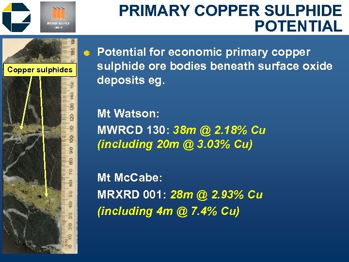 PRIMARY COPPER SULPHIDE POTENTIAL Copper sulphides & Potential for economic primary copper sulphide ore