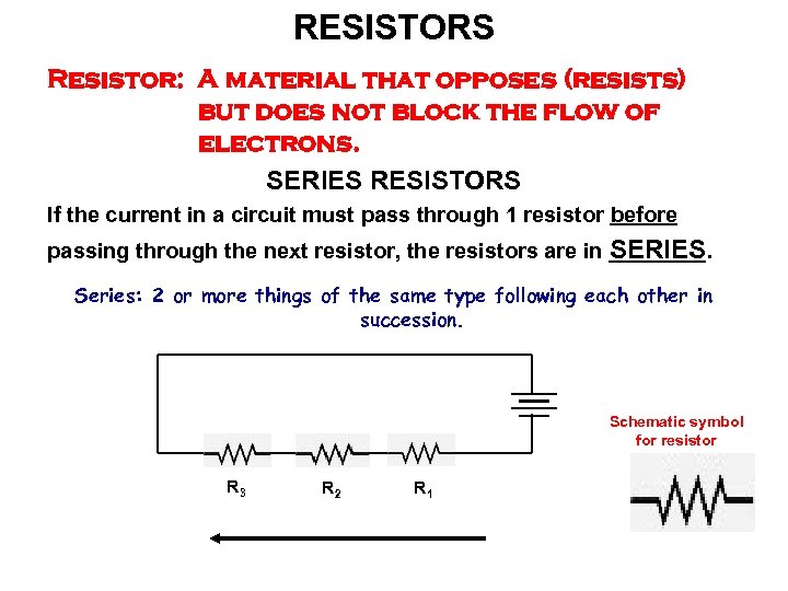 RESISTORS Resistor: A material that opposes (resists) but does not block the flow of