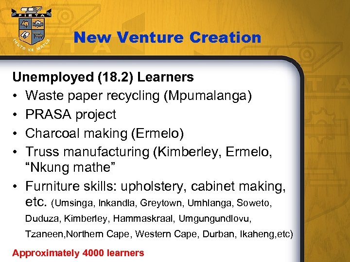 New Venture Creation Unemployed (18. 2) Learners • Waste paper recycling (Mpumalanga) • PRASA