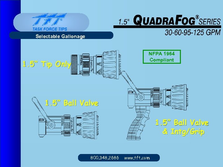 Selectable Gallonage NFPA 1964 Compliant 1. 5” Tip Only 1. 5” Ball Valve &