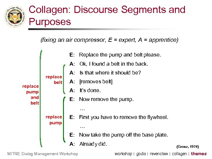 Collagen: Discourse Segments and Purposes (fixing an air compressor, E = expert, A =