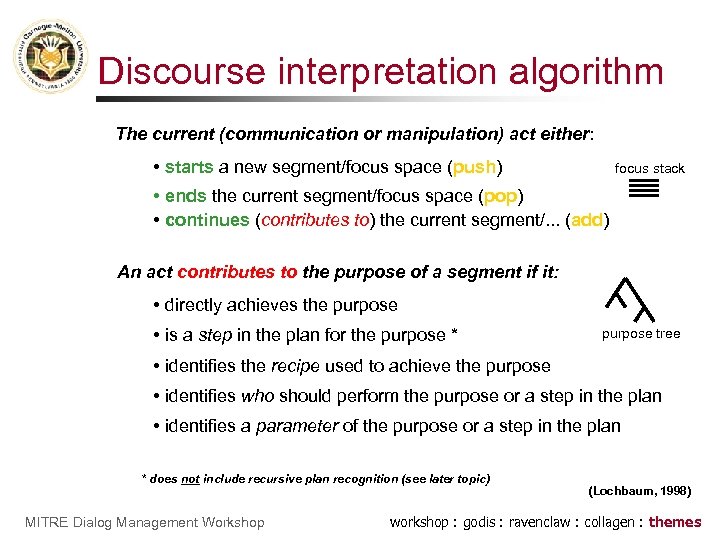 Discourse interpretation algorithm The current (communication or manipulation) act either: • starts a new