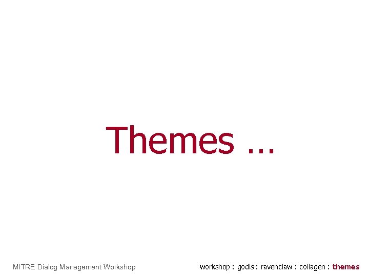 Go. Di. S Themes … MITRE Dialog Management Workshop workshop : godis : ravenclaw