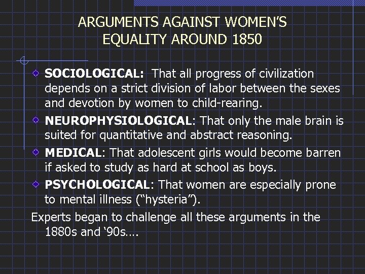 ARGUMENTS AGAINST WOMEN’S EQUALITY AROUND 1850 SOCIOLOGICAL: That all progress of civilization depends on