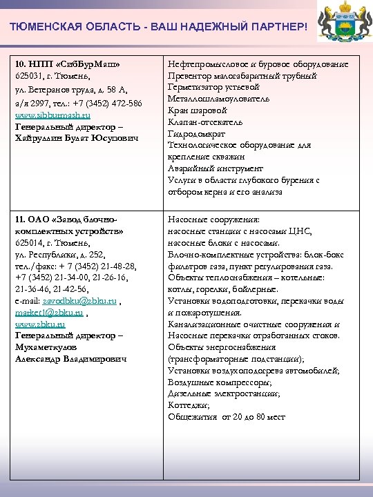 ТЮМЕНСКАЯ ОБЛАСТЬ - ВАШ НАДЕЖНЫЙ ПАРТНЕР! 10. НПП «Сиб. Бур. Маш» 625031, г. Тюмень,