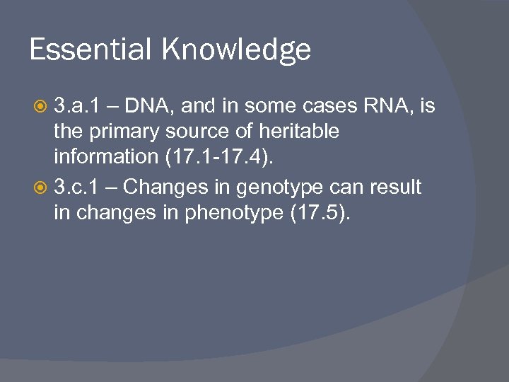 Essential Knowledge 3. a. 1 – DNA, and in some cases RNA, is the