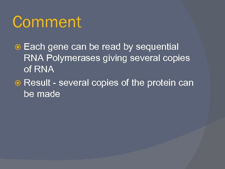 Comment Each gene can be read by sequential RNA Polymerases giving several copies of