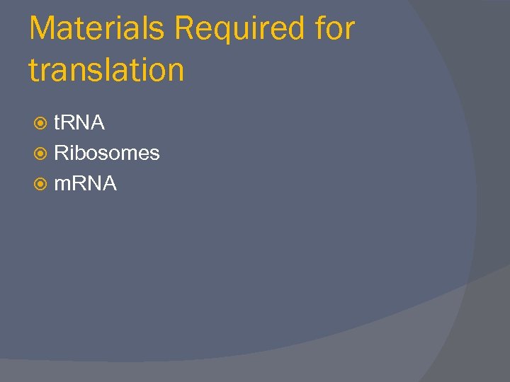 Materials Required for translation t. RNA Ribosomes m. RNA 