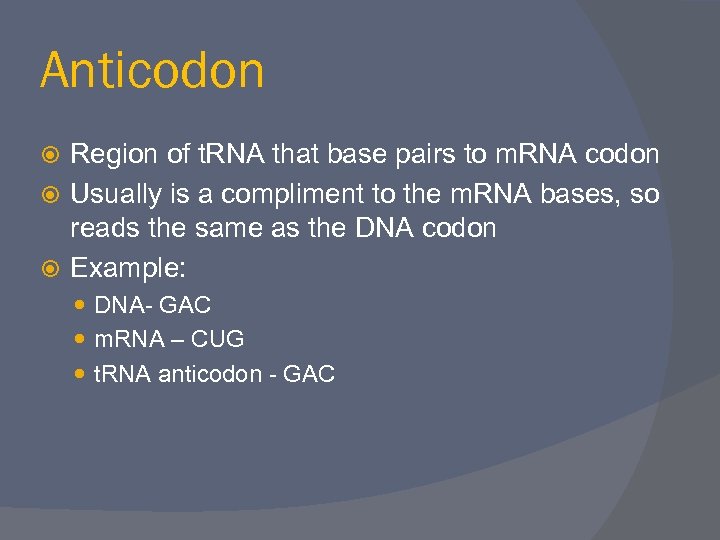 Anticodon Region of t. RNA that base pairs to m. RNA codon Usually is