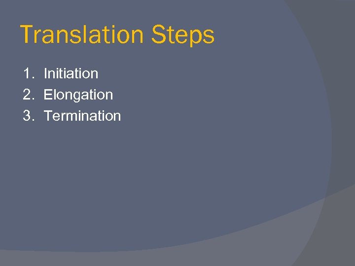 Translation Steps 1. Initiation 2. Elongation 3. Termination 