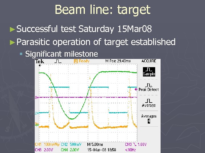 Beam line: target ► Successful test Saturday 15 Mar 08 ► Parasitic operation of