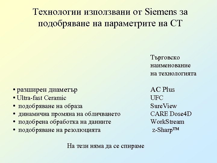 Технологии използвани от Siemens за подобряване на параметрите на CT Търговско наименование на технологията