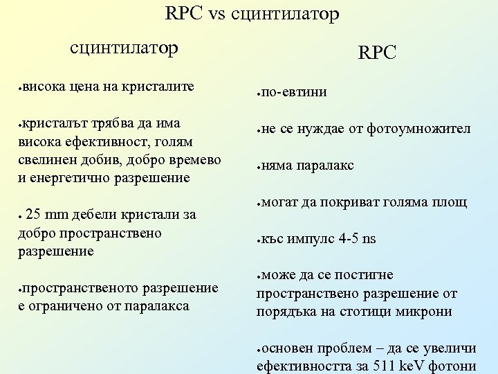 RPC vs сцинтилатор висока цена на кристалите ● кристалът трябва да има висока ефективност,