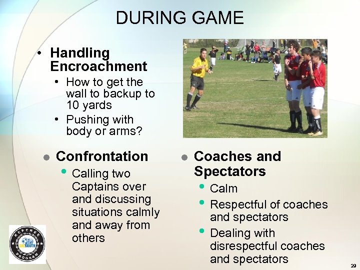 DURING GAME • Handling Encroachment • How to get the wall to backup to