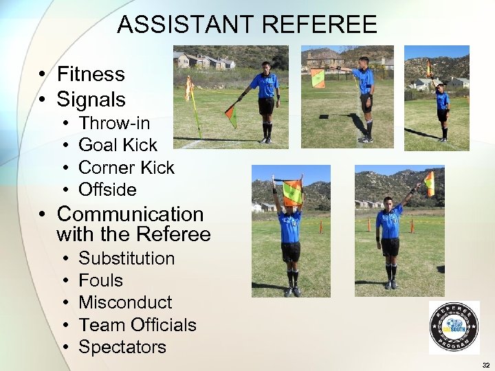 ASSISTANT REFEREE • Fitness • Signals • • Throw-in Goal Kick Corner Kick Offside