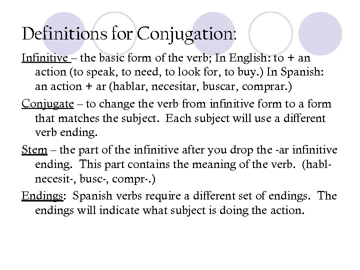 Definitions for Conjugation: Infinitive – the basic form of the verb; In English: to