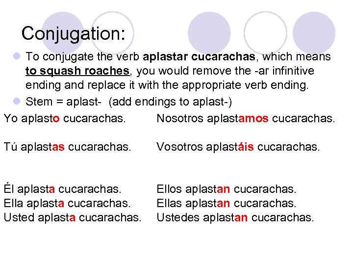 Conjugation: l To conjugate the verb aplastar cucarachas, which means to squash roaches, you