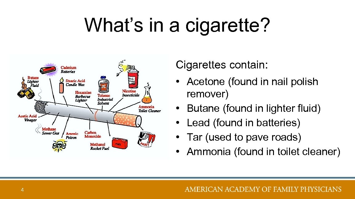 What’s in a cigarette? Cigarettes contain: • Acetone (found in nail polish • •