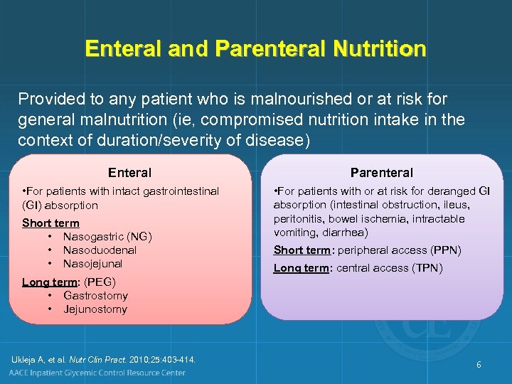 Enteral and Parenteral Nutrition Provided to any patient who is malnourished or at risk