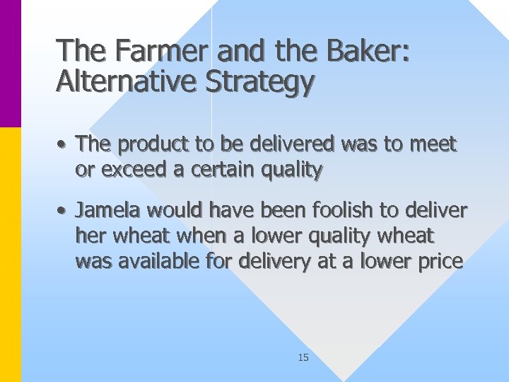 The Farmer and the Baker: Alternative Strategy • The product to be delivered was