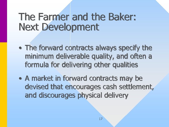 The Farmer and the Baker: Next Development • The forward contracts always specify the