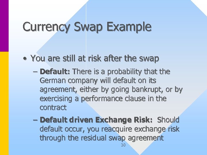 Currency Swap Example • You are still at risk after the swap – Default: