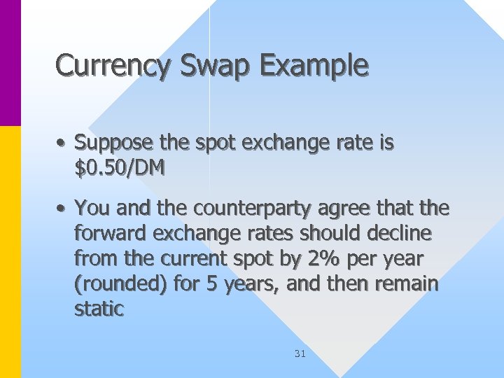 Currency Swap Example • Suppose the spot exchange rate is $0. 50/DM • You