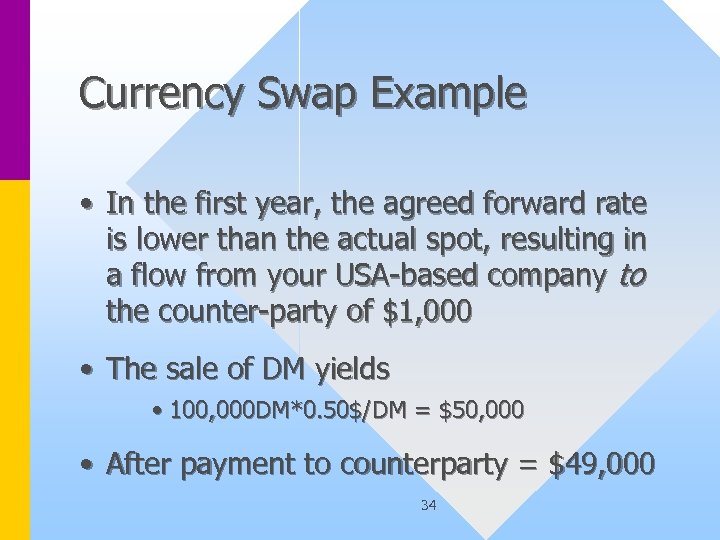Currency Swap Example • In the first year, the agreed forward rate is lower