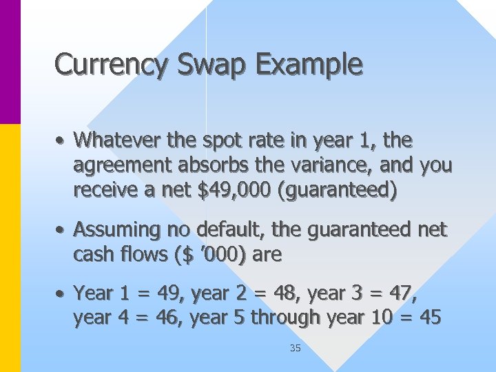 Currency Swap Example • Whatever the spot rate in year 1, the agreement absorbs