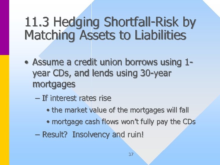 11. 3 Hedging Shortfall-Risk by Matching Assets to Liabilities • Assume a credit union