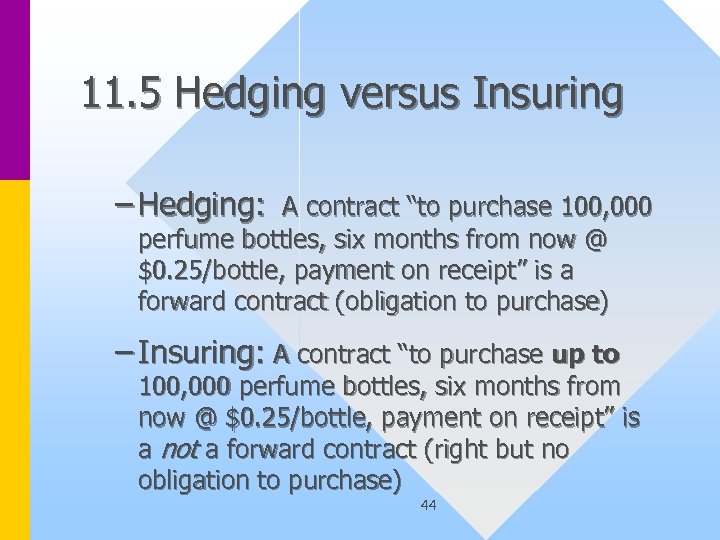 11. 5 Hedging versus Insuring – Hedging: A contract “to purchase 100, 000 perfume