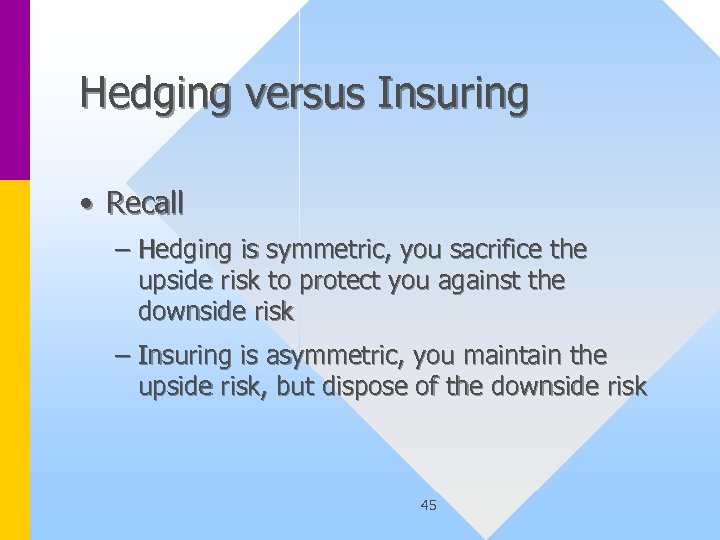 Hedging versus Insuring • Recall – Hedging is symmetric, you sacrifice the upside risk