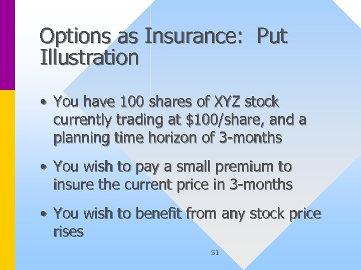 Options as Insurance: Put Illustration • You have 100 shares of XYZ stock currently