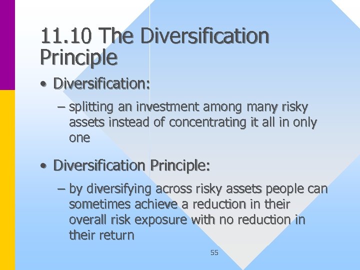 11. 10 The Diversification Principle • Diversification: – splitting an investment among many risky