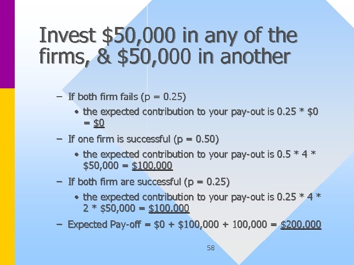 Invest $50, 000 in any of the firms, & $50, 000 in another –