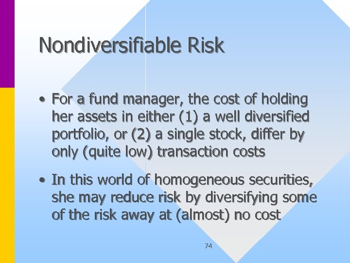 Nondiversifiable Risk • For a fund manager, the cost of holding her assets in