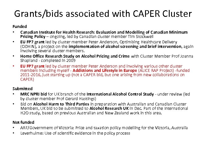 Grants/bids associated with CAPER Cluster Funded • Canadian Institute for Health Research: Evaluation and