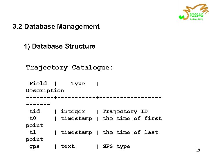 3. 2 Database Management 1) Database Structure Trajectory Catalogue: Field | Type | Description