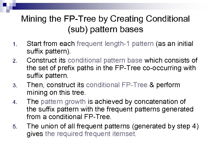 Mining the FP-Tree by Creating Conditional (sub) pattern bases 1. 2. 3. 4. 5.