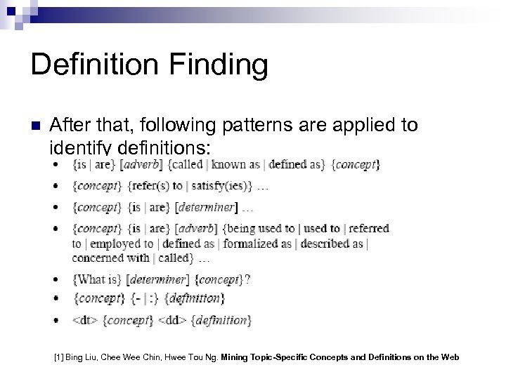 Definition Finding n After that, following patterns are applied to identify definitions: [1] Bing