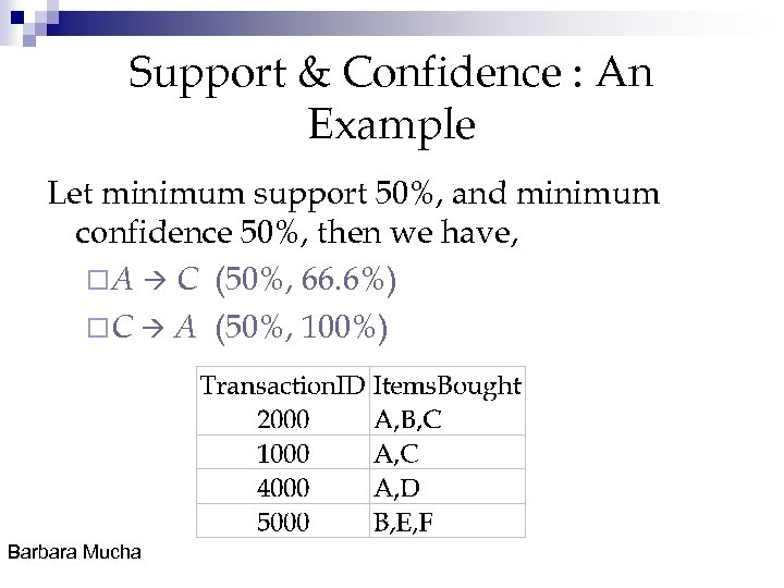 Support & Confidence : An Example Let minimum support 50%, and minimum confidence 50%,
