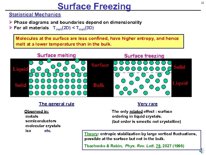 Surface Freezing 12 Statistical Mechanics Ø Phase diagrams and boundaries depend on dimensionality Ø