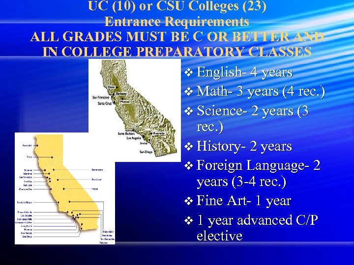 UC (10) or CSU Colleges (23) Entrance Requirements ALL GRADES MUST BE C OR