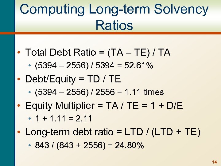 Computing Long-term Solvency Ratios • Total Debt Ratio = (TA – TE) / TA