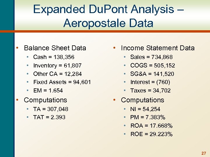 Expanded Du. Pont Analysis – Aeropostale Data • Balance Sheet Data • • •