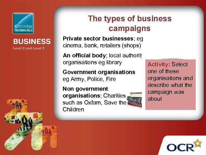 The types of business campaigns Private sector businesses; eg cinema, bank, retailers (shops) An